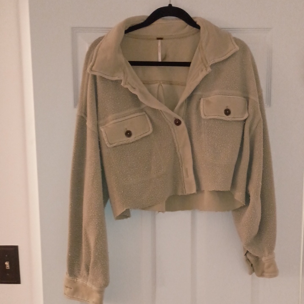 Free People Cropped Shacket In Yellow/Cream/Tan